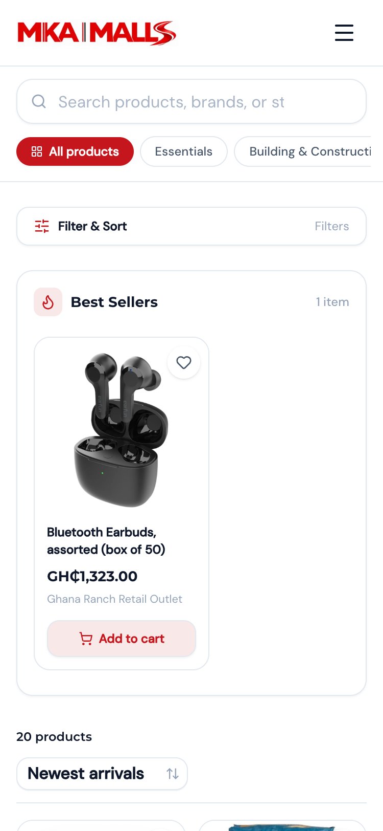 The MKA Malls marketplace on a phone: shop by category and verified sellers' products