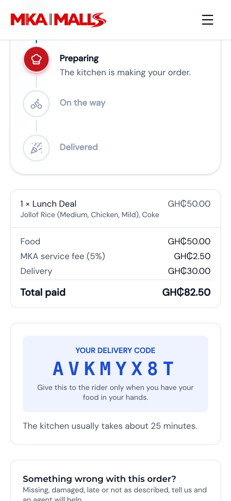 An MKA Malls order being prepared, with its progress and delivery code